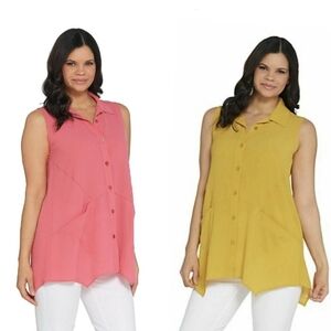 (2)Joan Rivers Tunic Sleeveless Crepe Gauze Pink Yellow Large Stretch Shirt Top